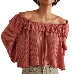 LN Anthropologie Long-Sleeve Sheer Striped Off Shoulder Cropped Top in Rose - S